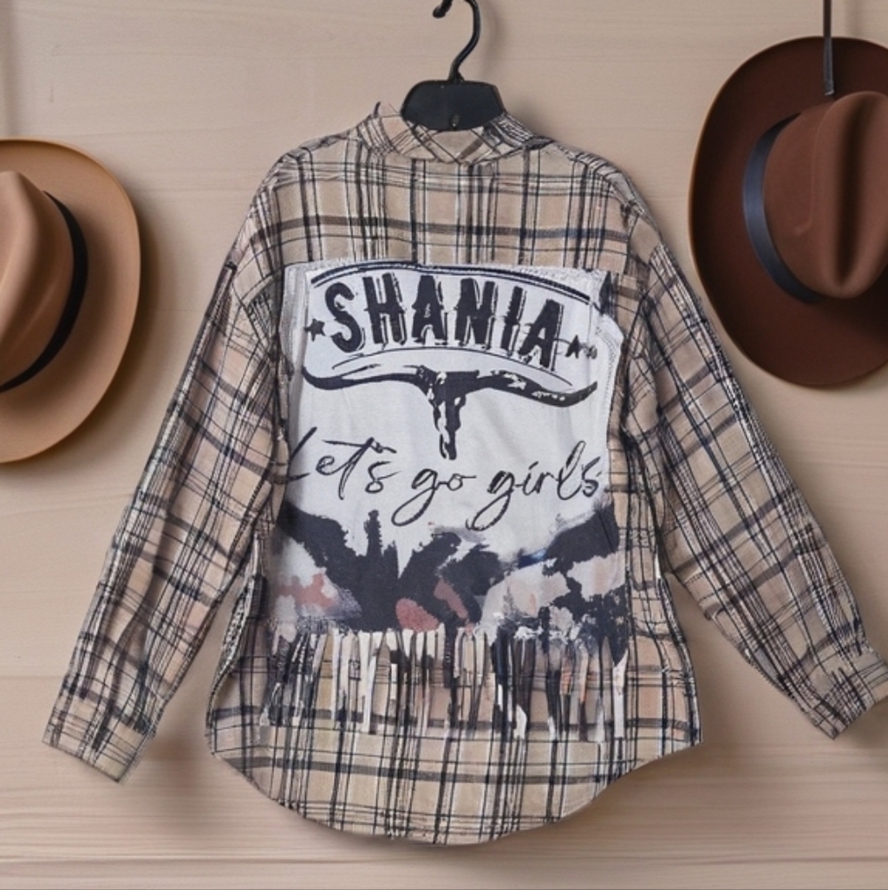 Upcycled SHANIA TWAIN distressed Plaid Flannel With Fringe, One Of A Kind